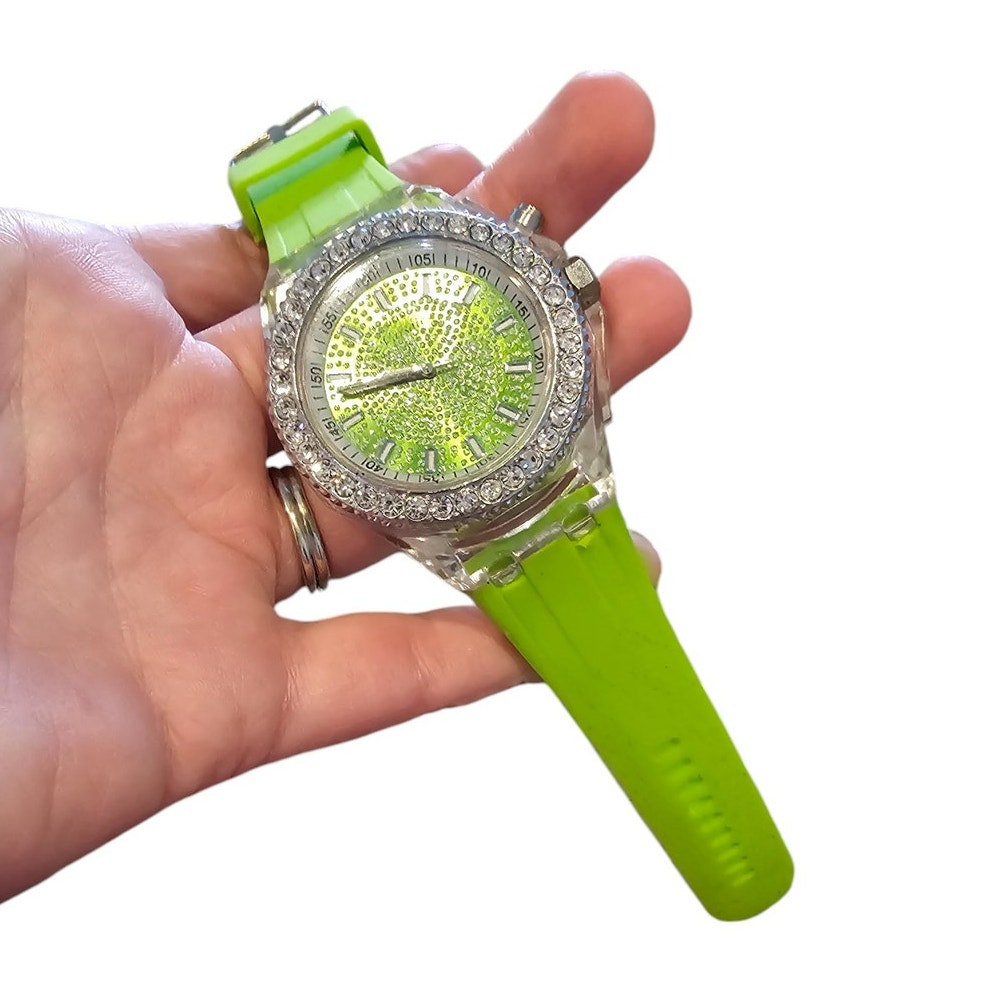 Vintage Y2k Womens Lime Green And Bling Rhinestone Rubber Banded Watch